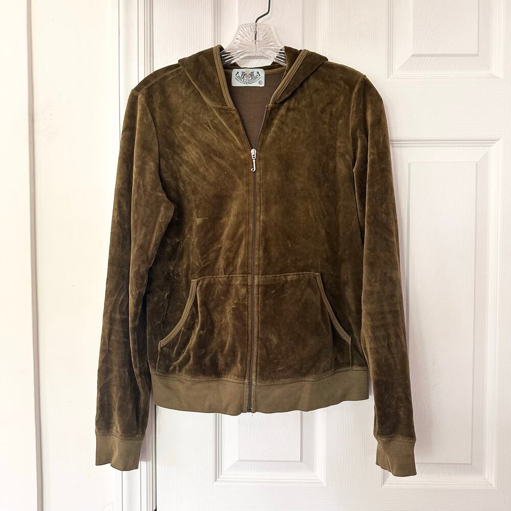 Juicy Couture Vintage Y2K Olive Green Velour Zip Hooded Sweatshirt Jacket XL